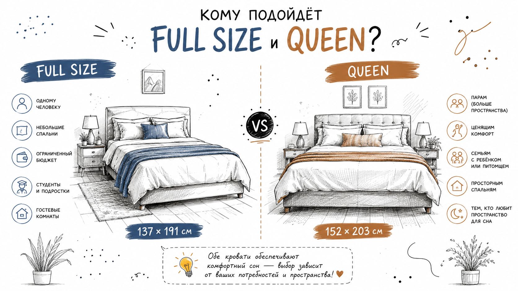 An infographic comparing Full size and Queen size beds, highlighting their dimensions and ideal target users.