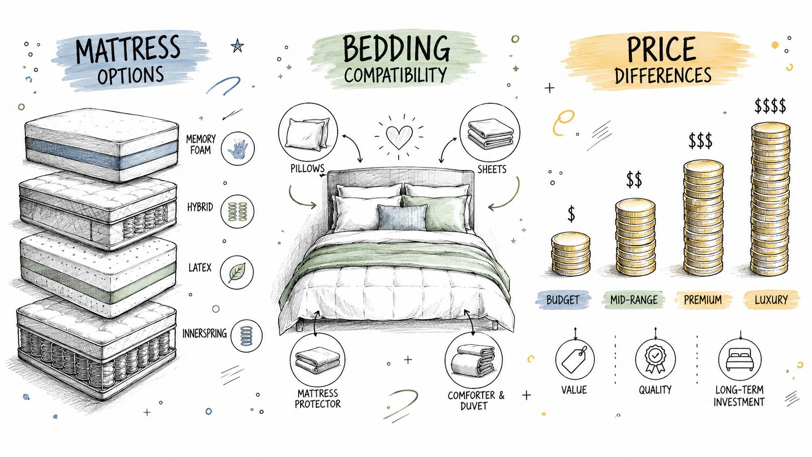 An infographic showing mattress types, bedding compatibility with a bed frame, and price levels for mattresses.