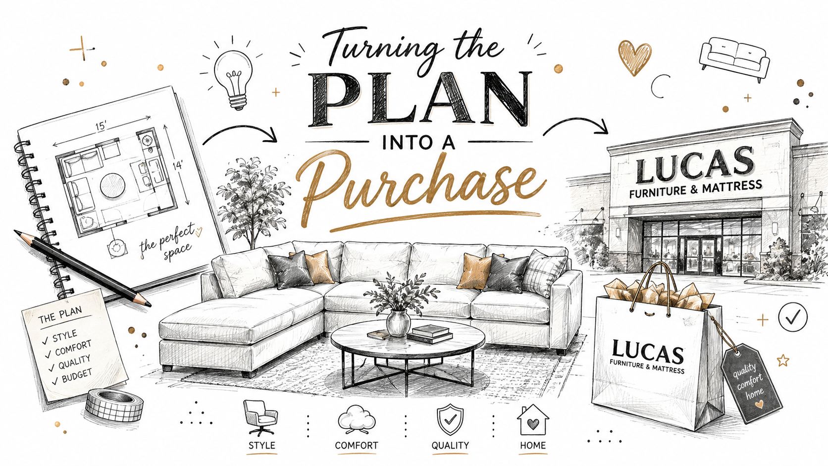 A hand-drawn illustration showing a living room layout transitioning into a purchase at Lucas Furniture and Mattress.