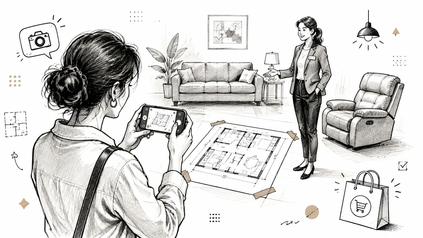 A woman using a smartphone to capture a floor plan while an interior designer stands nearby.