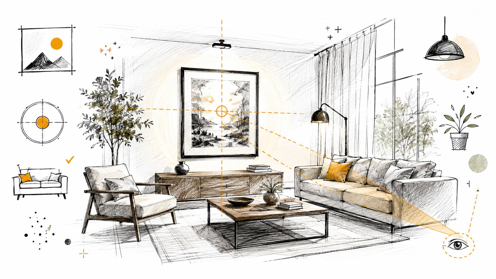 A detailed architectural sketch of a living room layout with sectional seating, decor, and lighting design.