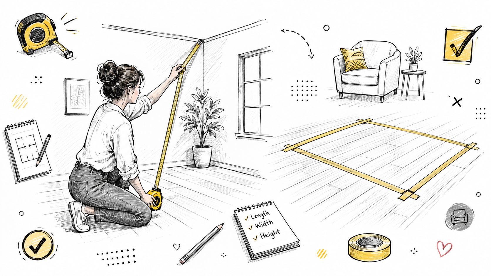 A woman measuring a room with a tape measure to plan her interior layout.