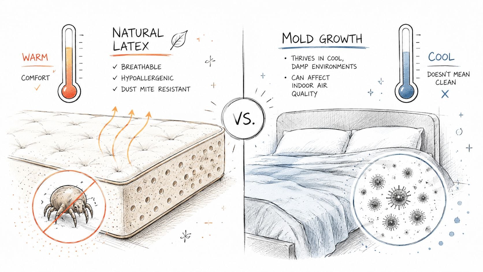 An infographic comparing natural latex mattresses' benefits against the risks of mold growth in sleeping environments.