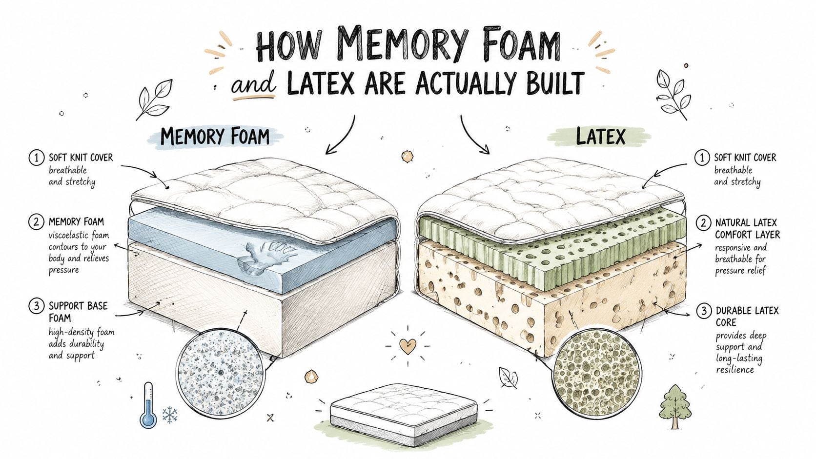 A diagram comparing the layered construction of a memory foam mattress versus a natural latex mattress.
