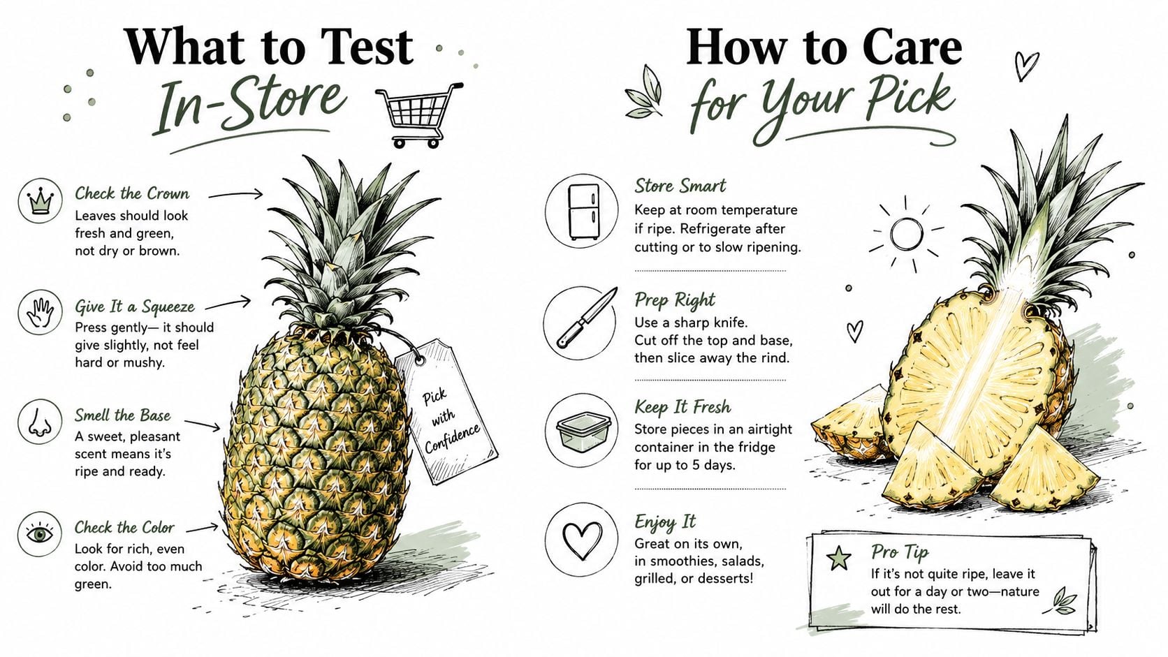 An infographic illustration showing how to choose a ripe pineapple in-store and how to properly store it.