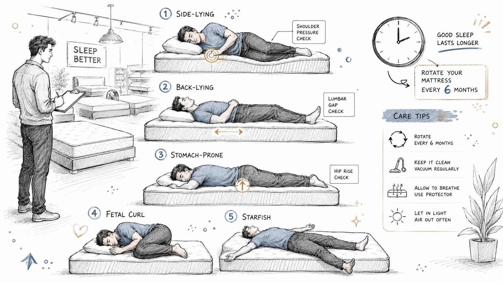 A diagram illustrating five common sleep positions on a mattress with helpful care and maintenance tips.