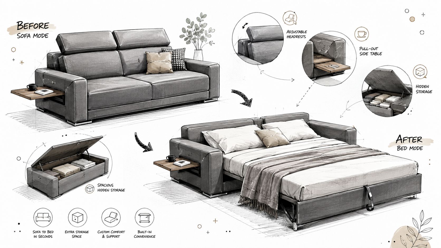 A detailed illustration showing a convertible sofa bed transforming from a stylish couch into a comfortable sleeping bed.