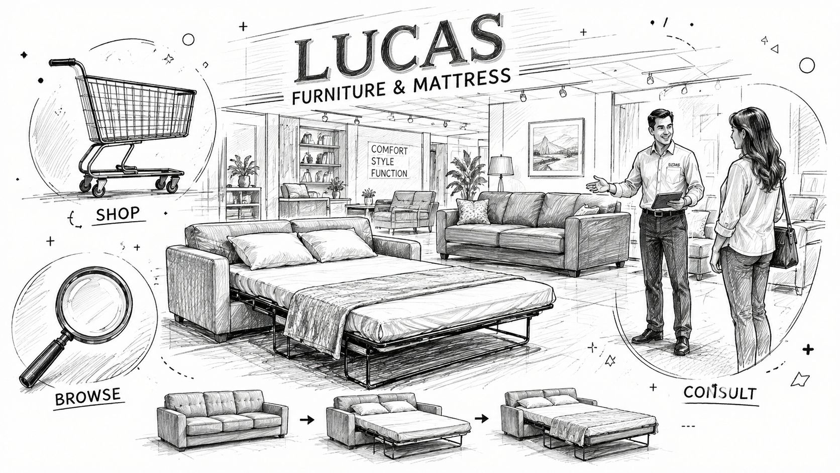 A sketched illustration of a modern showroom for Lucas Furniture and Mattress showing sofa bed conversion.