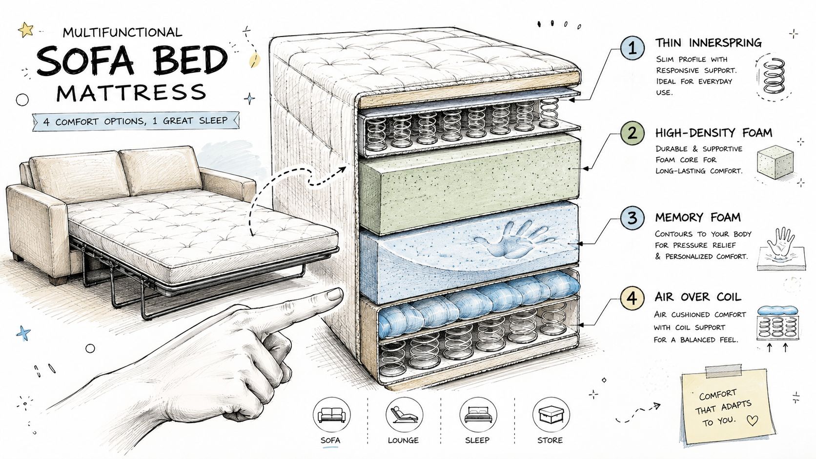 A detailed cross-section diagram of a multifunctional sofa bed mattress showcasing its four distinct comfort layers.