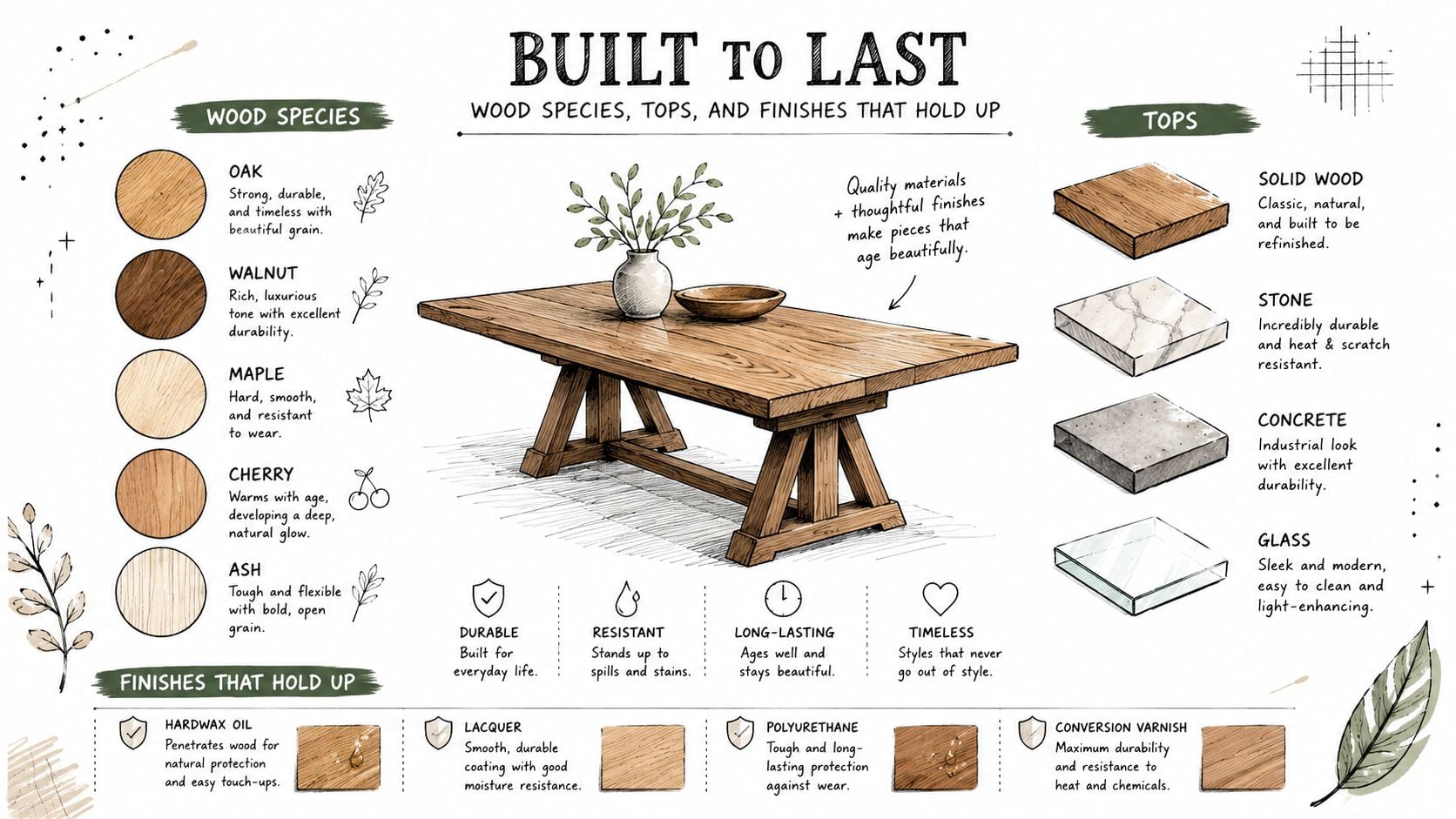An infographic detailing various wood species, tabletop materials, and durable finishes for custom furniture construction.