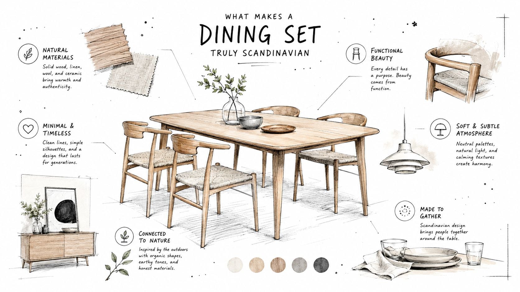 A hand-drawn sketch of a Scandinavian dining set with key design features labeled around the table.