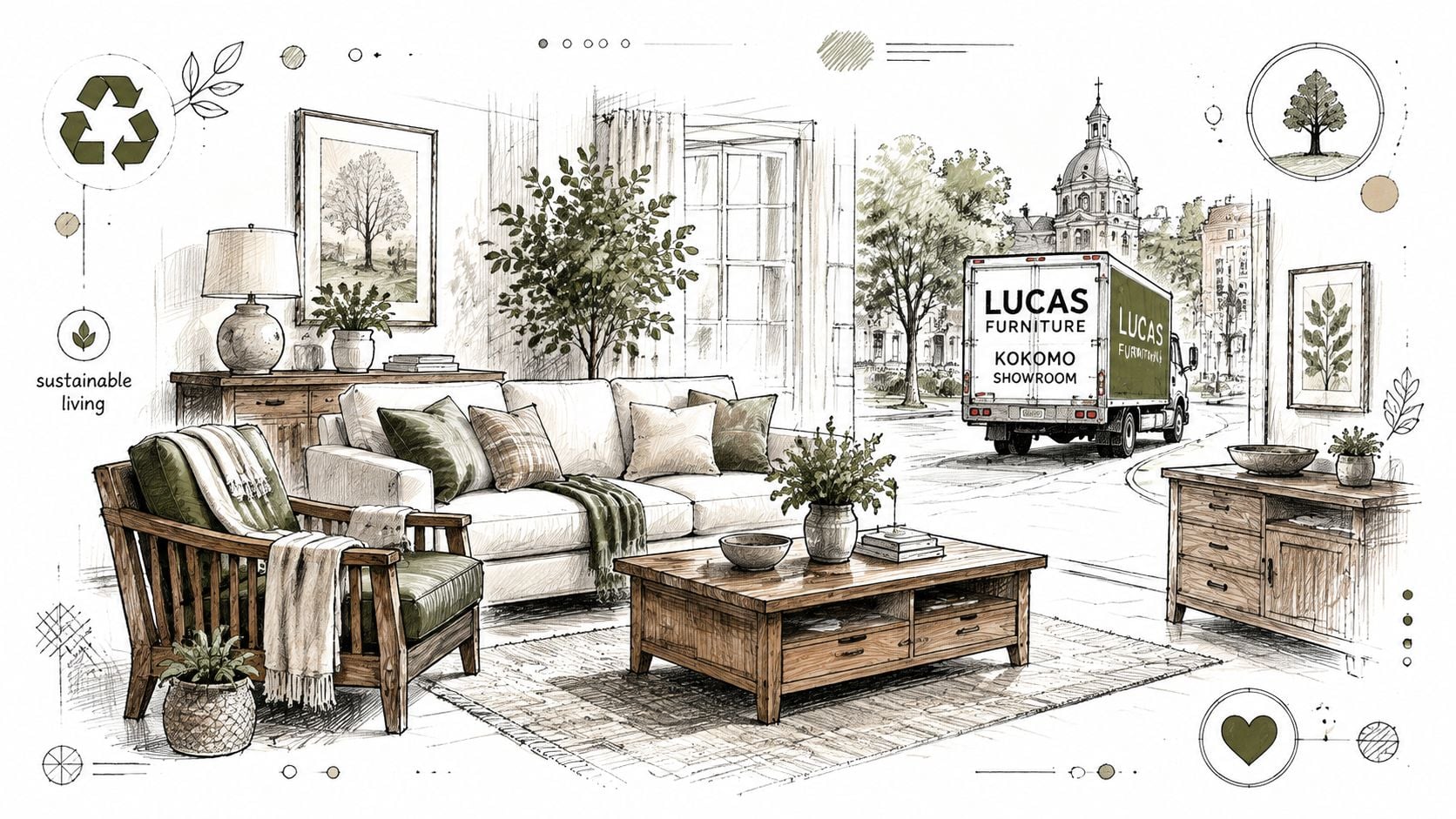 A hand-drawn sketch of a cozy living room featuring sustainable wood furniture and a delivery truck.