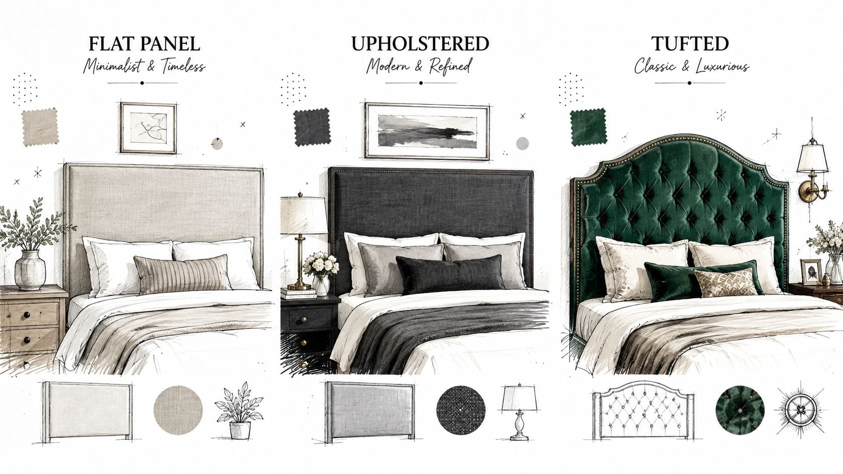 A digital illustration comparing three distinct headboard styles labeled Flat Panel, Upholstered, and Tufted for bedroom design.