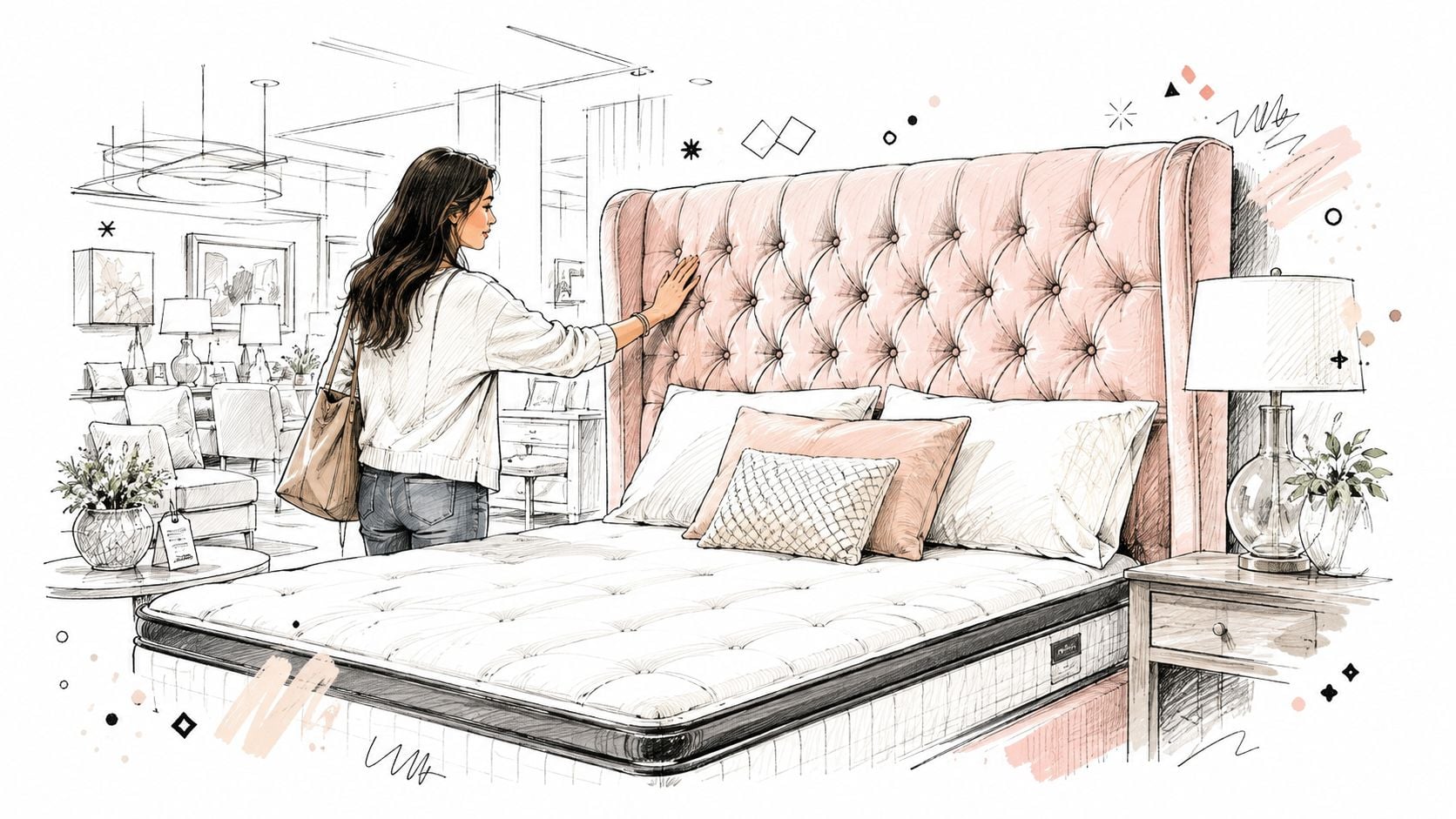 A woman shopping for a luxurious upholstered headboard in a stylish, sketch-style furniture showroom setting.