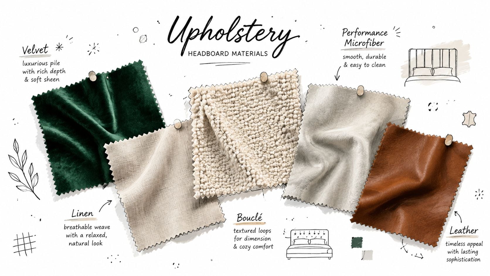 Fabric swatches showing various upholstery materials like velvet, linen, bouclé, microfiber, and leather for headboards.