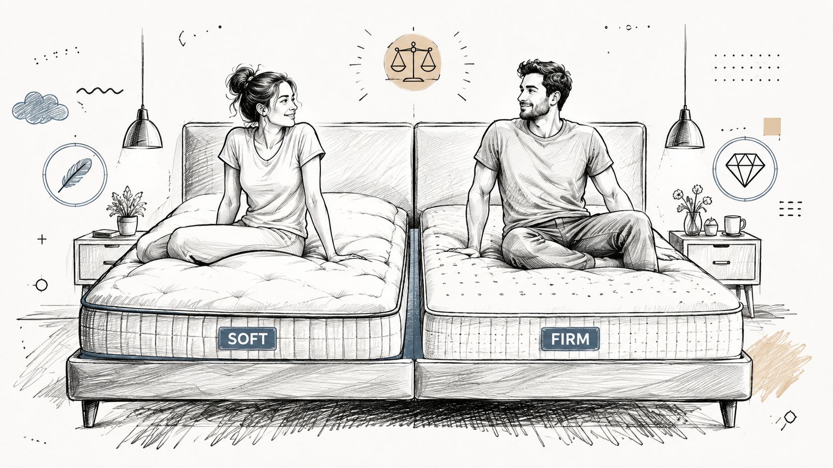 A line art sketch showing a couple sitting on a split queen mattress with soft and firm sides.