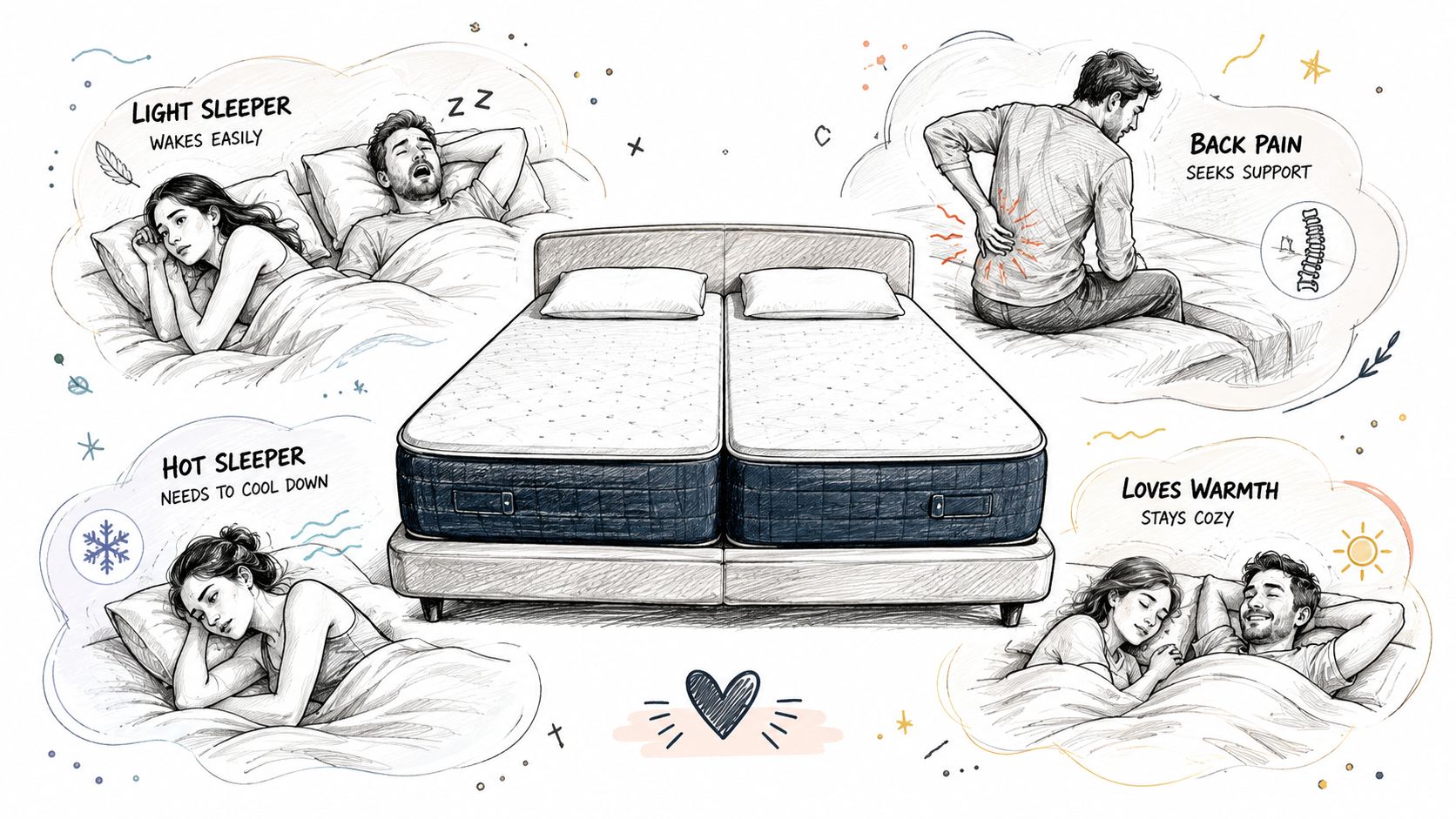 A split queen mattress design showing how it accommodates different sleep needs like back pain and temperature.